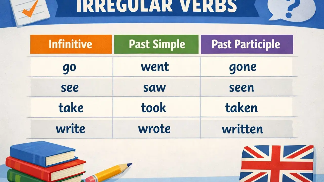 Tabela czasowników nieregularnych: infinitive, past simple, past participle. Czasownik "take" ma formy: take, took, taken.