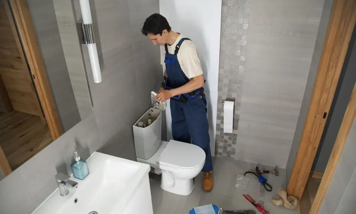 Instalator montuje WC kompakt z odpływem pionowym. W łazience widać umywalkę, lustro i narzędzia.