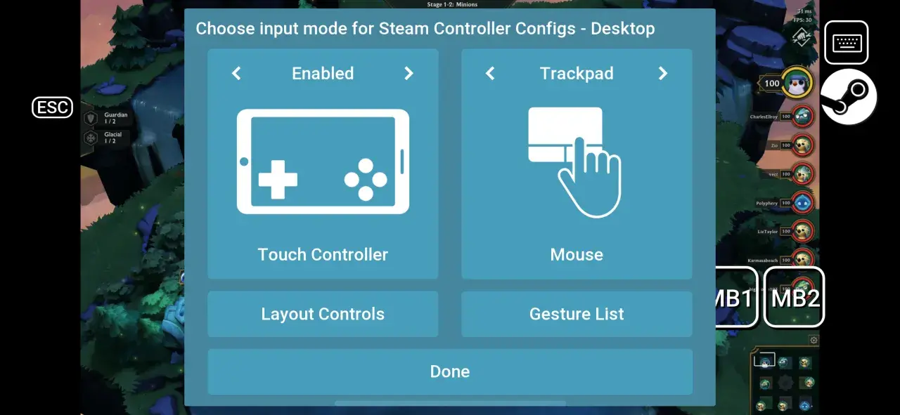 Wybór trybu sterowania dla gry tft na telefon: Touch Controller lub Mouse.