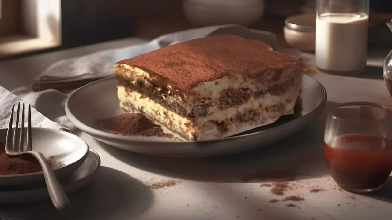 Un délicieux tiramisu, saupoudré de cacao, attend sur une assiette. Un verre de café et une carafe de lait complètent ce tableau gourmand.