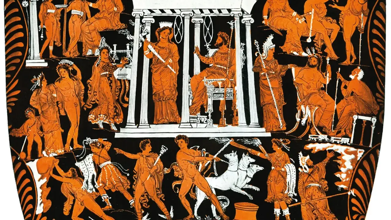 Starożytny grecki malunek przedstawia scenę z mitologii, gdzie bohaterowie walczą z potworami. To jakby piekło na ziemi, pełne akcji i dramatyzmu.