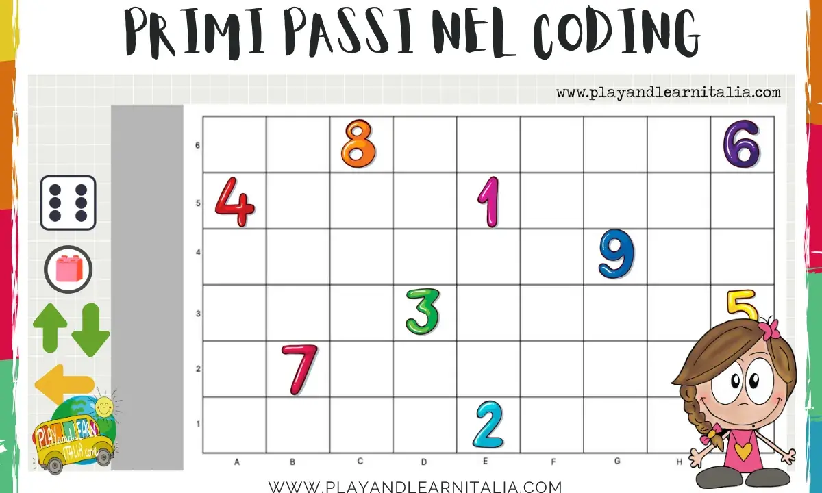 Gioco per imparare il coding online gratis: una griglia con numeri e icone per muoversi.
