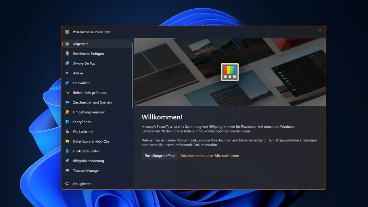 Microsoft PowerToys: Willkommensfenster mit Liste von Tools wie FancyZones, Awake und Farb-wähler. Optimiert die Windows-Oberfläche für Poweruser.