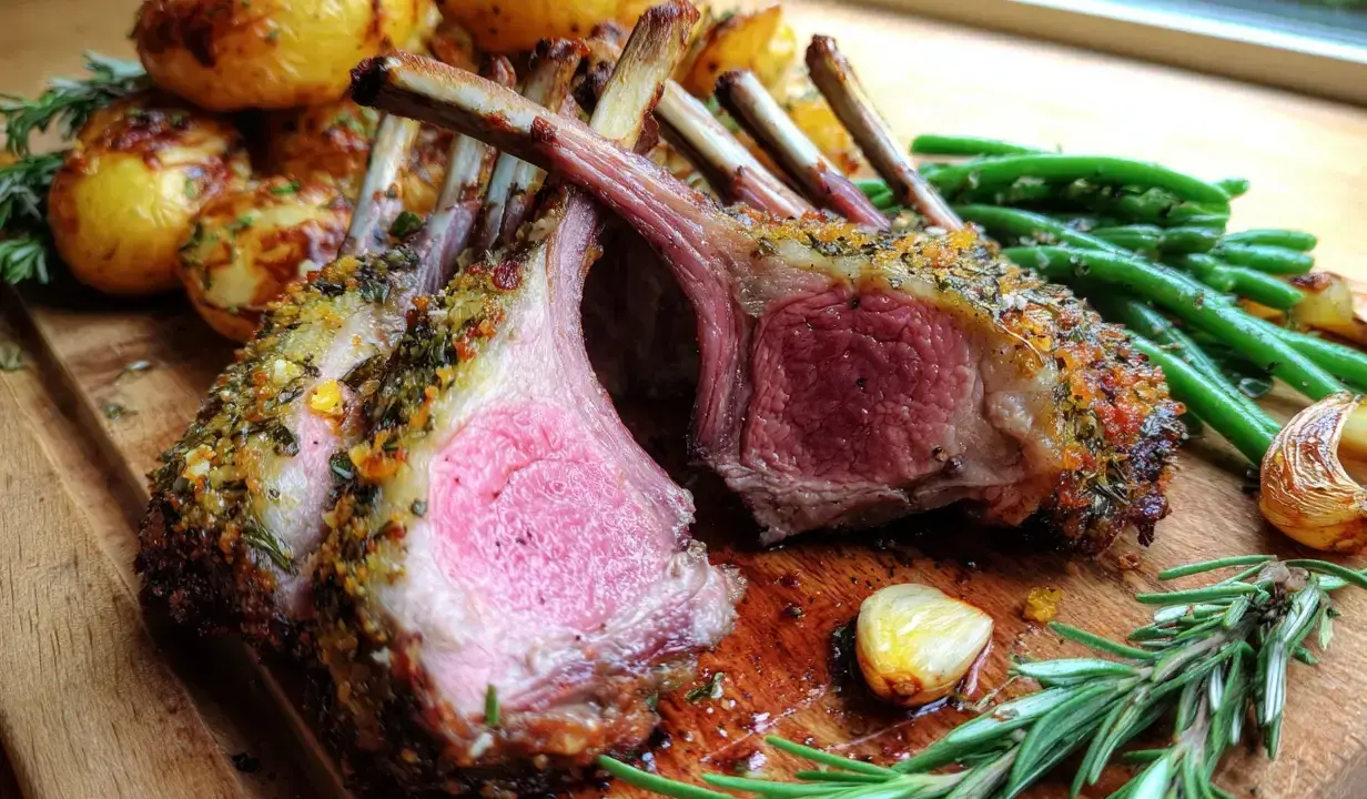 Saftig lammracks med örtpanering, serverad med rostade potatisar, gröna bönor och vitlök. Ett perfekt lammracks recept för helgen!