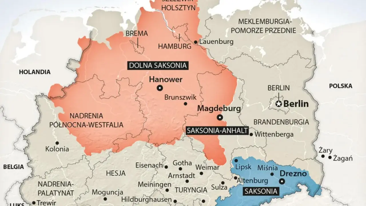 Mapa Niemiec z zaznaczonymi regionami. Sasi byli ludem germańskim, którego ziemie znajdowały się na terenie dzisiejszej Saksonii.