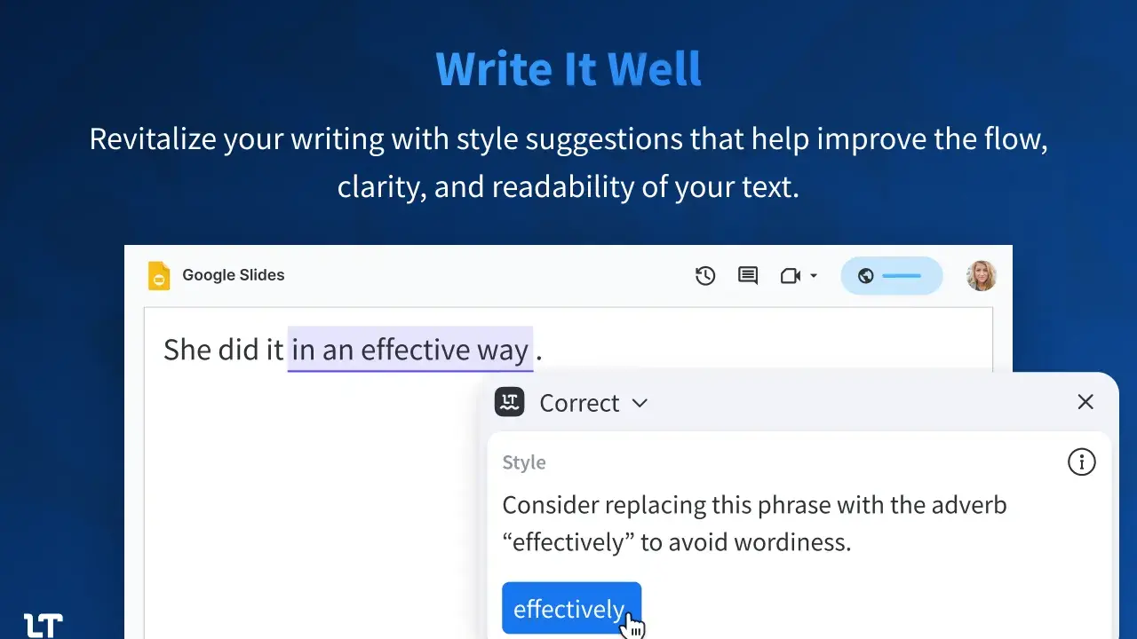 Un language tool suggerisce di sostituire "in an effective way" con "effectively" per rendere il testo più conciso.