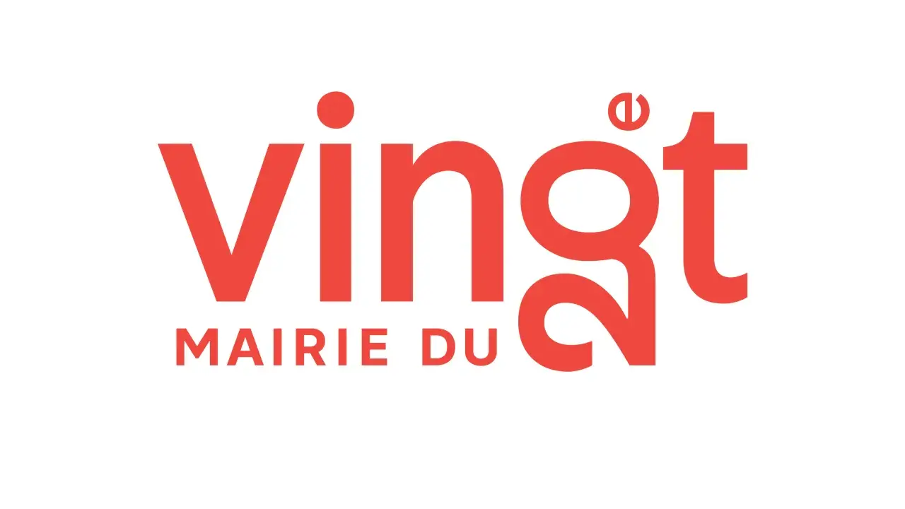Logo rouge "vingt" avec "MAIRIE DU" en dessous. Le chiffre 20 est stylisé dans le mot "vingt".