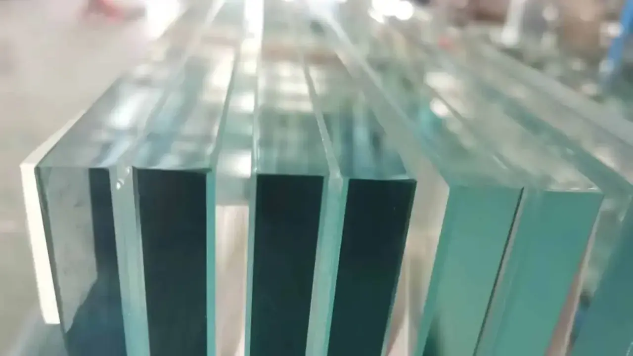 Pilares de vidrio apilados, cada uno con un peso de vidrio 6+6, listos para ser instalados.