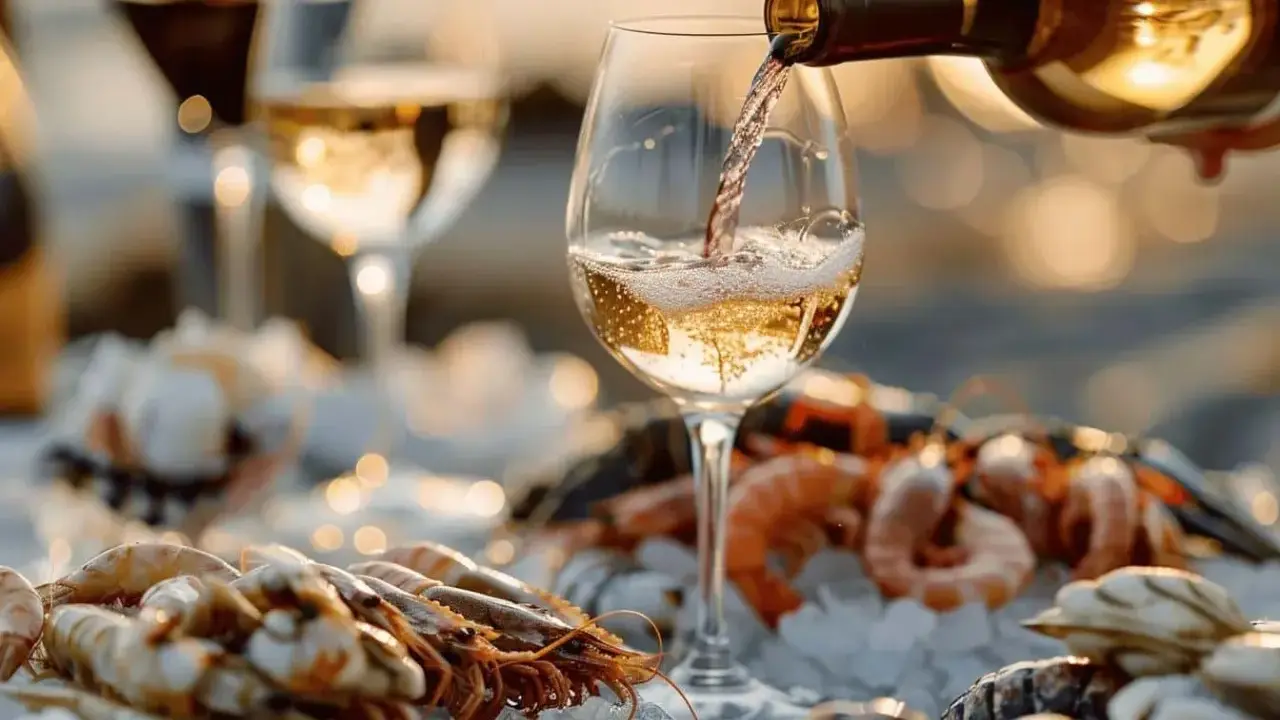 Un verre de vin blanc est versé sur un plateau de fruits de mer frais. Le meilleur vin blanc pour fruits de mer, une combinaison parfaite pour un repas d'été.
