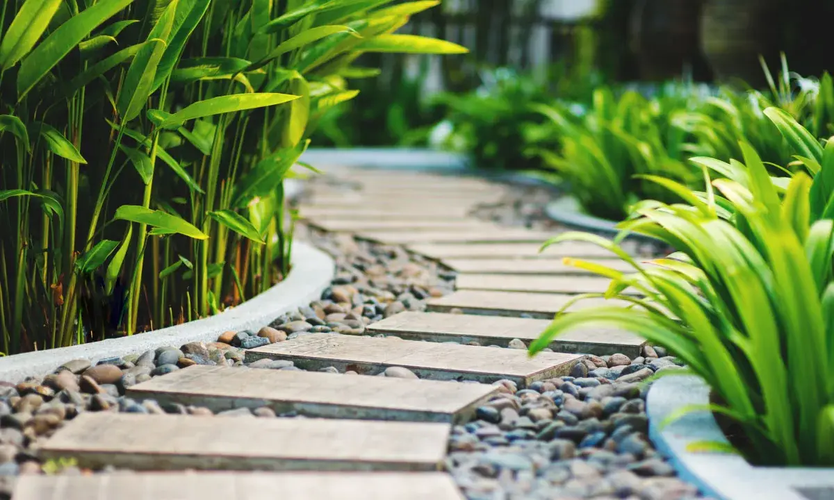 Un moderno camminamento giardino con lastre in pietra e ghiaia, circondato da rigogliosa vegetazione verde.