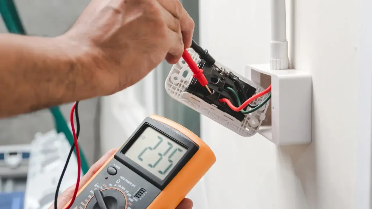 Elektryk sprawdza napięcie w gniazdku za pomocą multimetru, pokazując jak liczyć punkt elektryczny.