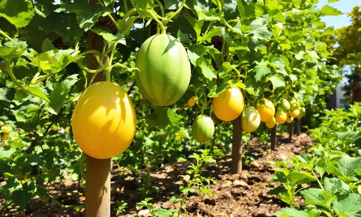 Un jeune plant de melon prometteur, avec des fruits jaunes et verts suspendus à des tuteurs.