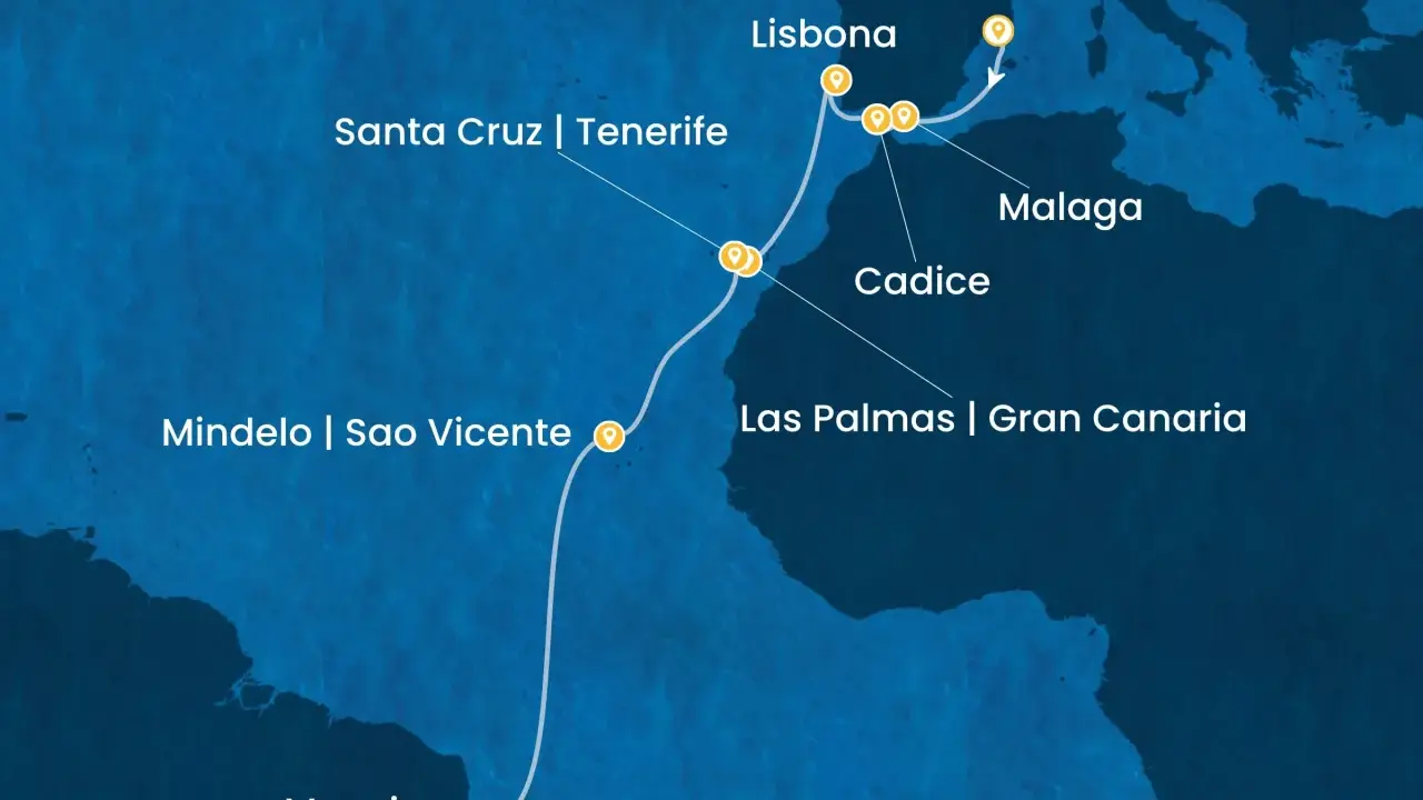 Mappa di una crociera Costa che parte da Maceio, passa per le Canarie e Capo Verde, risale fino a Lisbona e poi attracca a Barcellona.