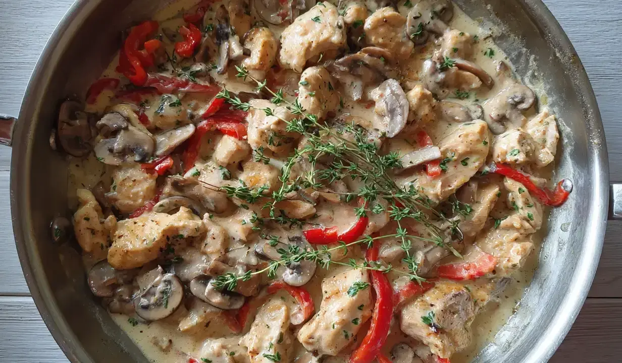 Kyckling i en krämig creme fraiche sås med champinjoner och paprika, toppad med färsk timjan.
