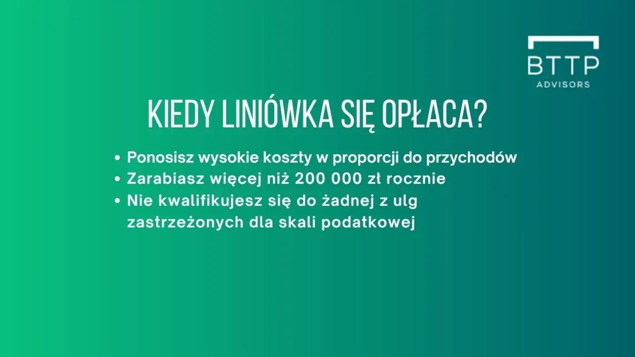 Kiedy podatek liniowy się opłaca? Gdy masz wysokie koszty, zarabiasz ponad 200 tys. zł rocznie i nie kwalifikujesz się do ulg podatkowych.