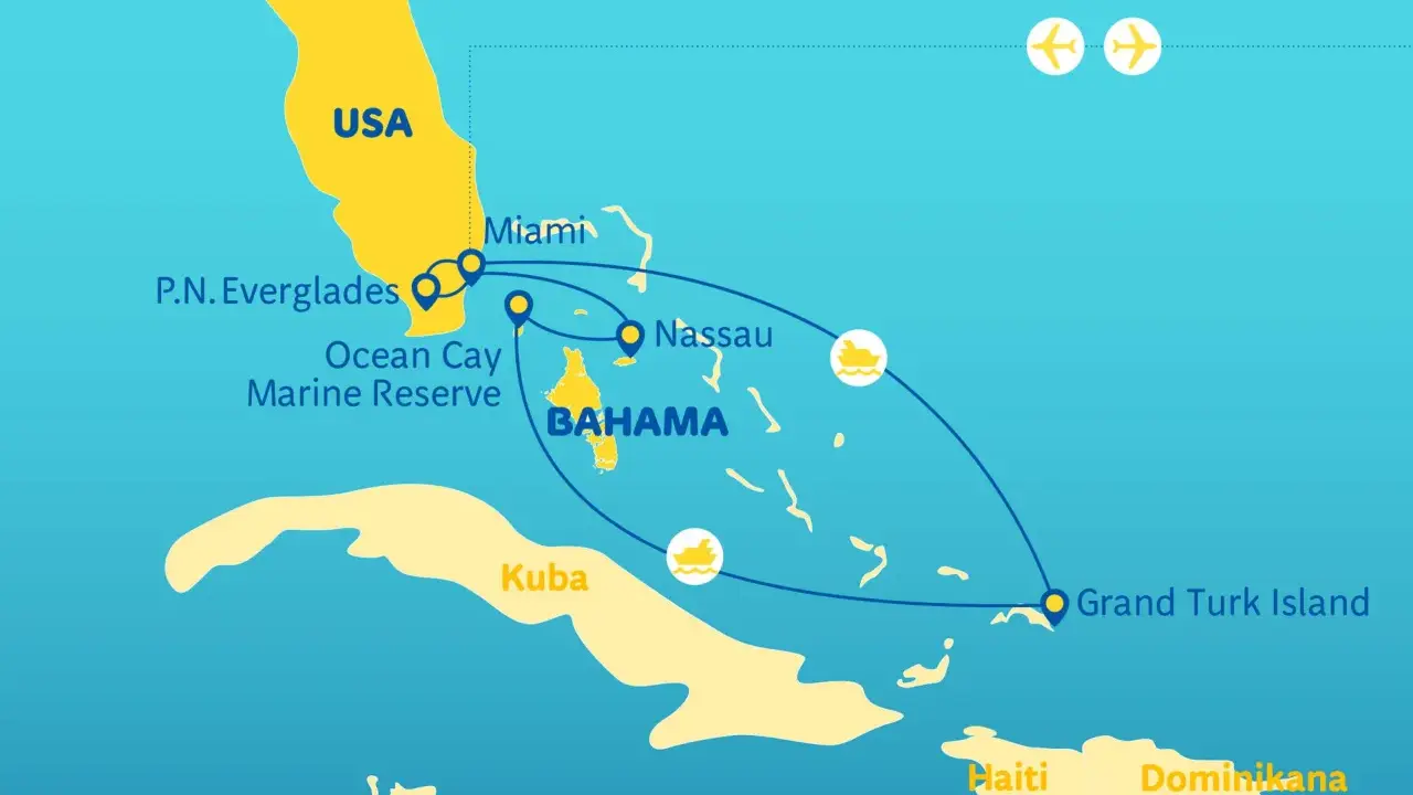 Mapa z trasą rejsu: USA (Miami, P.N. Everglades, Ocean Cay), Bahamy (Nassau), Kuba, Grand Turk Island.