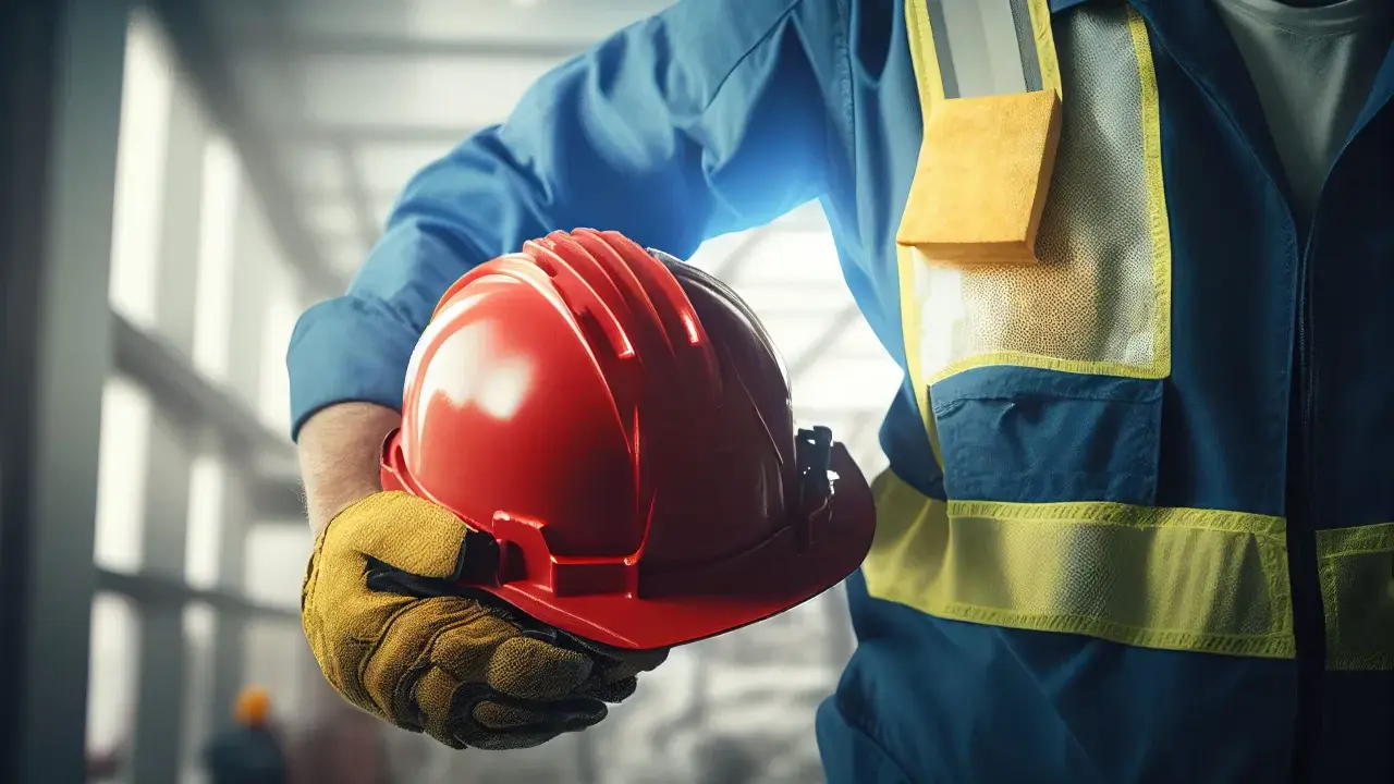 Obrero con casco rojo y guantes amarillos, listo para trabajar. Su chaleco de alta visibilidad es un material EPI esencial.