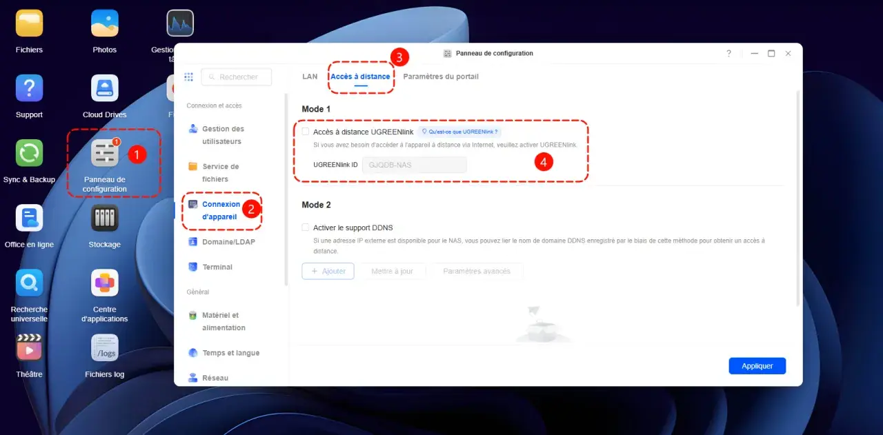 Interface pour installer un NAS : accès à distance activé, configuration UGREENlink ID.
