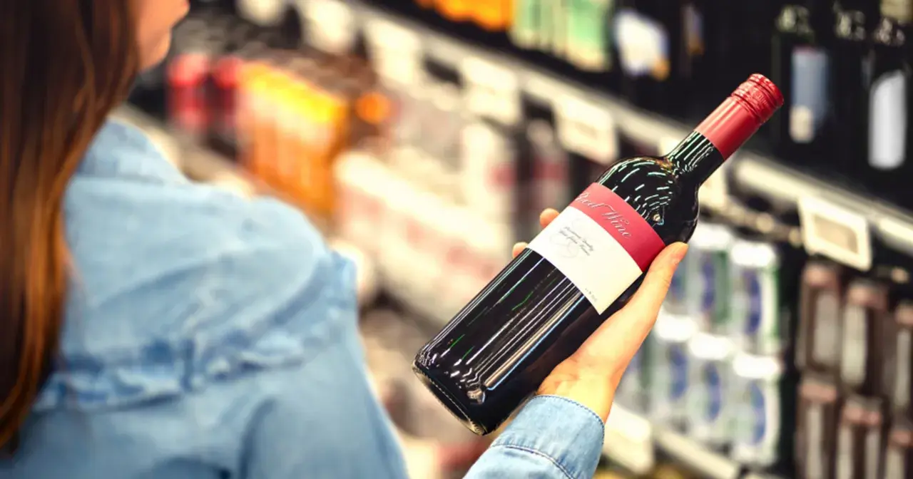 Kobieta wybiera wino, zastanawiając się, czy to jej osobisty wysokofunkcjonujący alkoholik test.