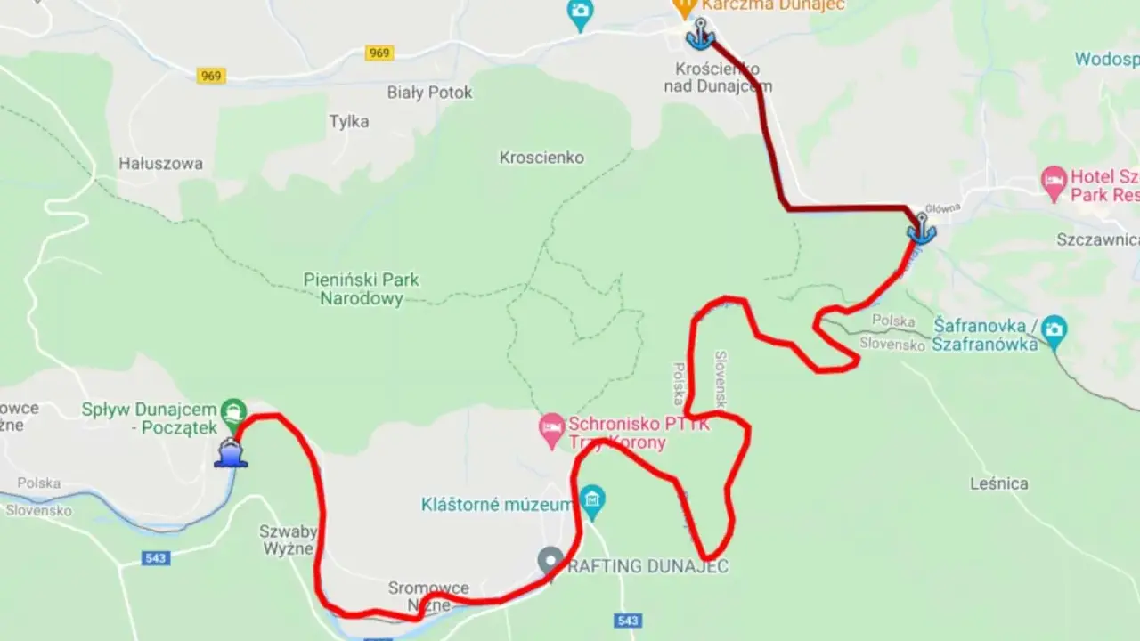 Mapa trasy spływów Dunajcem. Zaznaczony początek w Sromowcach Niżnych, przez Pieniny, aż do Szczawnicy.