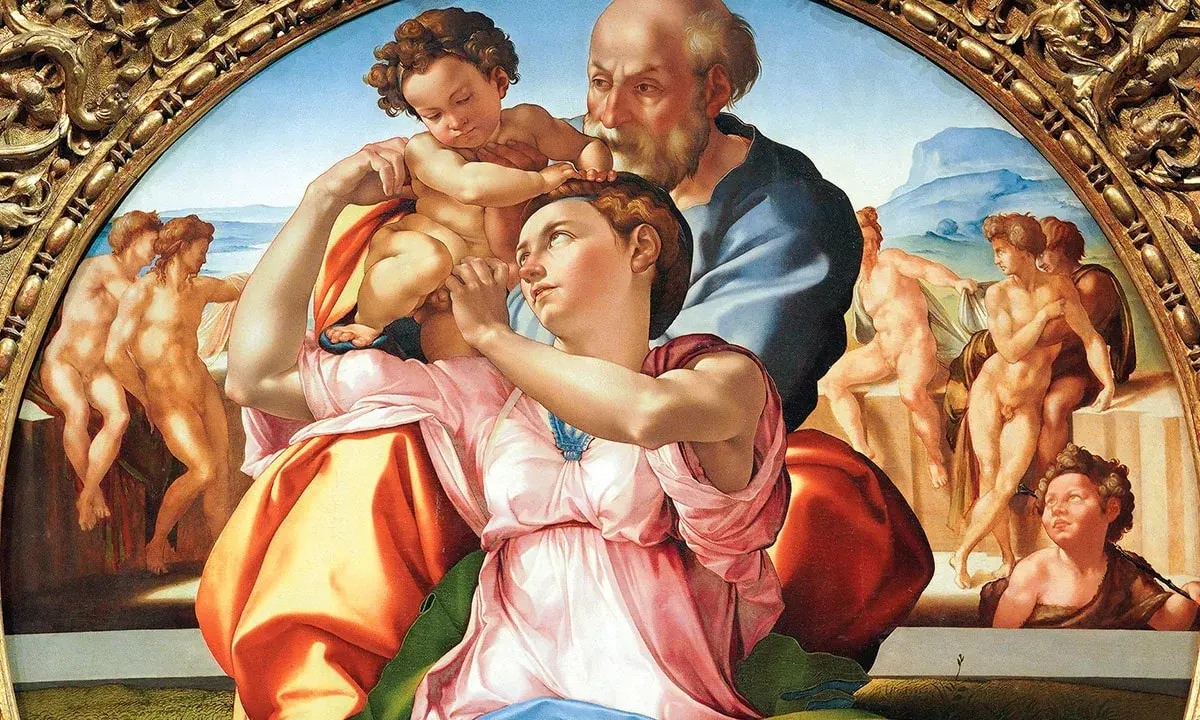Le tableau de Michel-Ange représente la Sainte Famille avec des figures nues en arrière-plan.