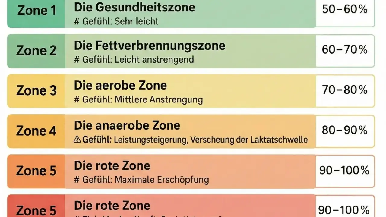 Trainingszonen: Gesundheitszone (50-60%), Fettverbrennung (60-70%), aerob (70-80%), anaerob (80-90%), rote Zone (90-100%). Vermeide cardiac drift durch angepasste Intensität.