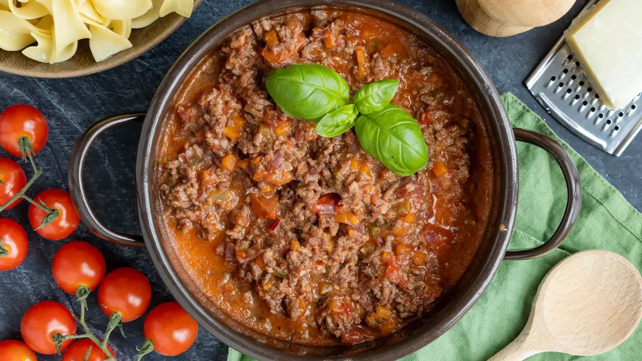 Herzhaftes Bolognese Rezept in einem Topf, garniert mit Basilikum. Daneben frische Tomaten, Bandnudeln und Parmesan.