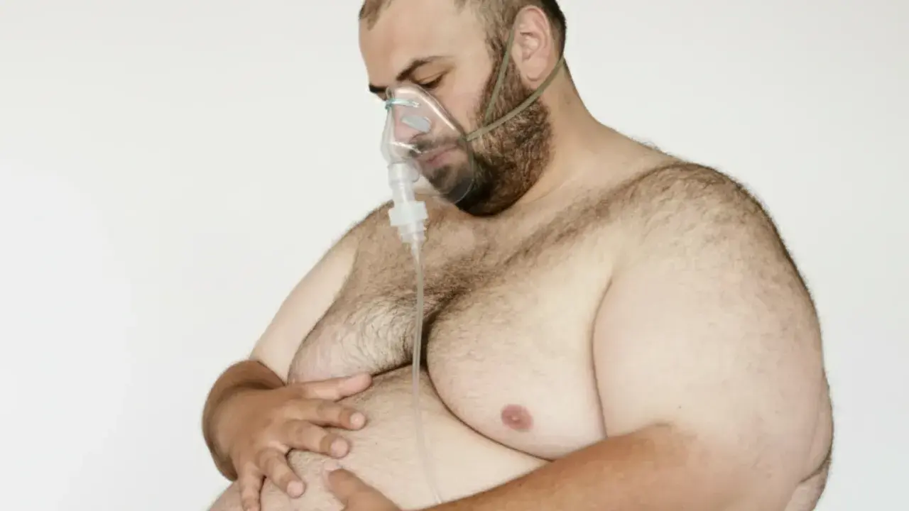 Mann mit Sauerstoffmaske, dessen stark übergewichtiger Körper auf eine ausatmung erschwert hindeutet.