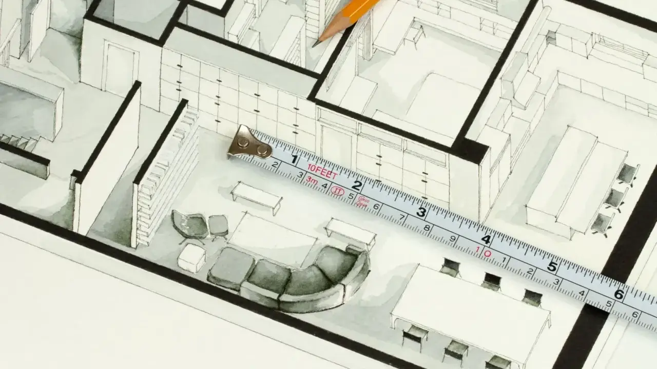 Plan architektoniczny z meblami, miarką i ołówkiem. Obliczanie powierzchni użytkowej to klucz do funkcjonalnego wnętrza.