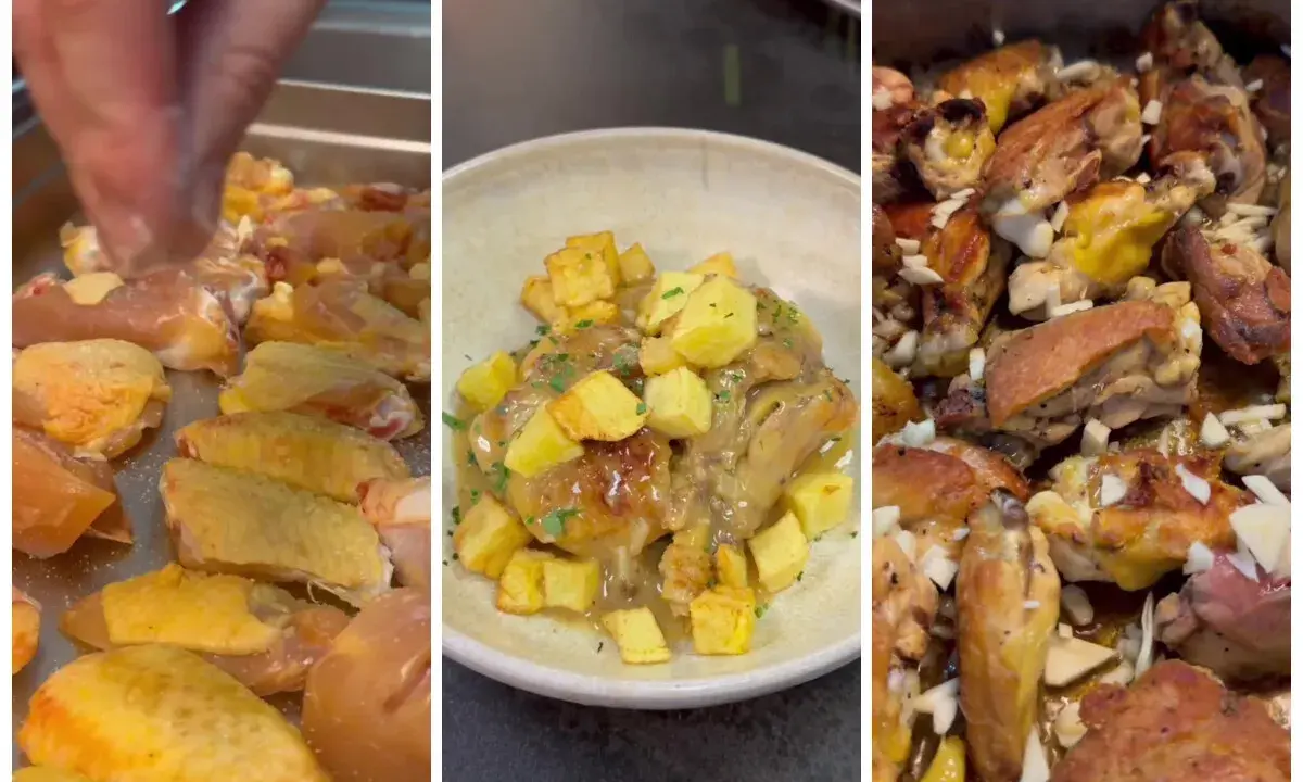 Preparación de pollo al ajillo: trozos de pollo crudo, plato servido con patatas y salsa, y pollo horneado con ajos.