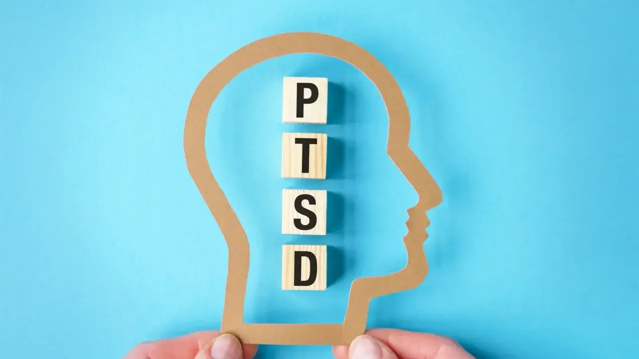 Klocki z literami P, T, S, D układają się w napis PTSD wewnątrz sylwetki głowy. Zrozumienie, ptsd co to, jest kluczowe dla pomocy.