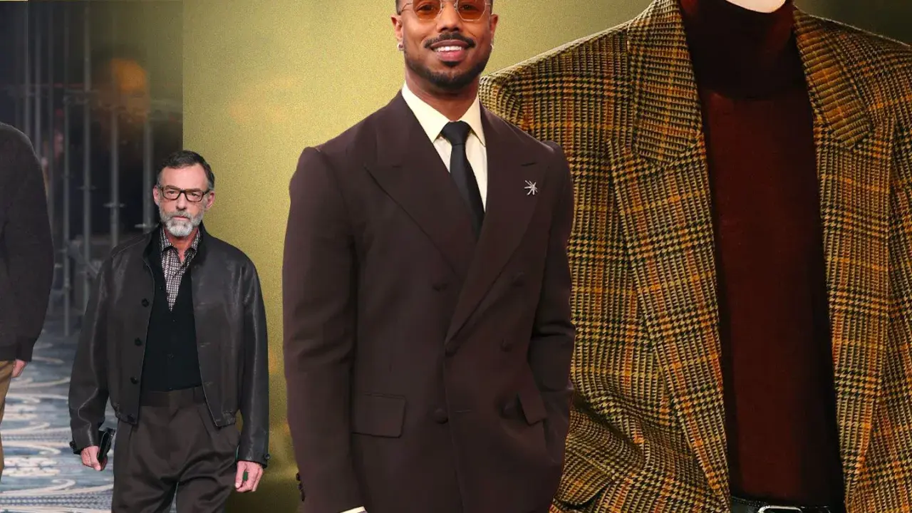 Collage of men in stylish suits and jackets, including Michael B. Jordan in a brown suit.