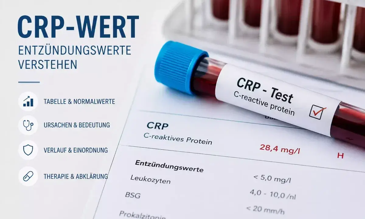 Blutprobe für CRP-Test mit Laborbericht. Der CRP-Wert von 28,4 mg/l deutet auf eine Entzündung hin.