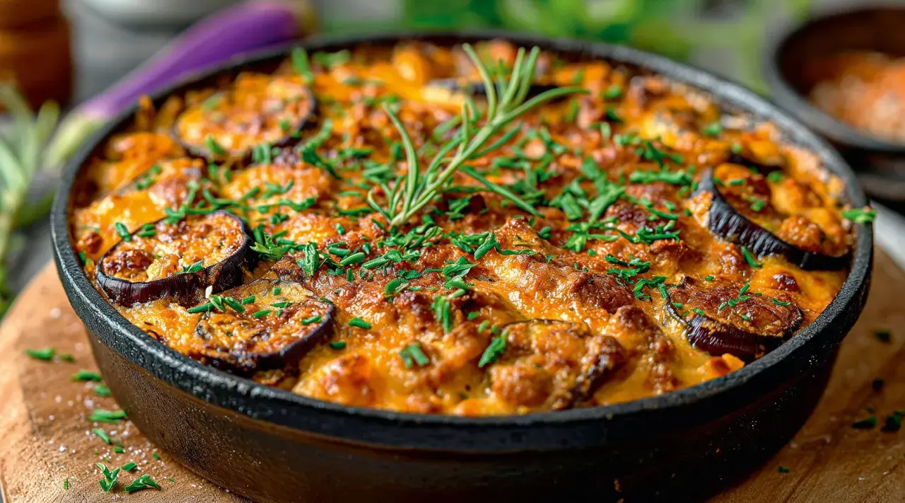 Ein köstlicher griechischer Auflauf Moussaka, mit Auberginenscheiben, Hackfleisch und Käse überbacken, garniert mit Rosmarin und Schnittlauch.