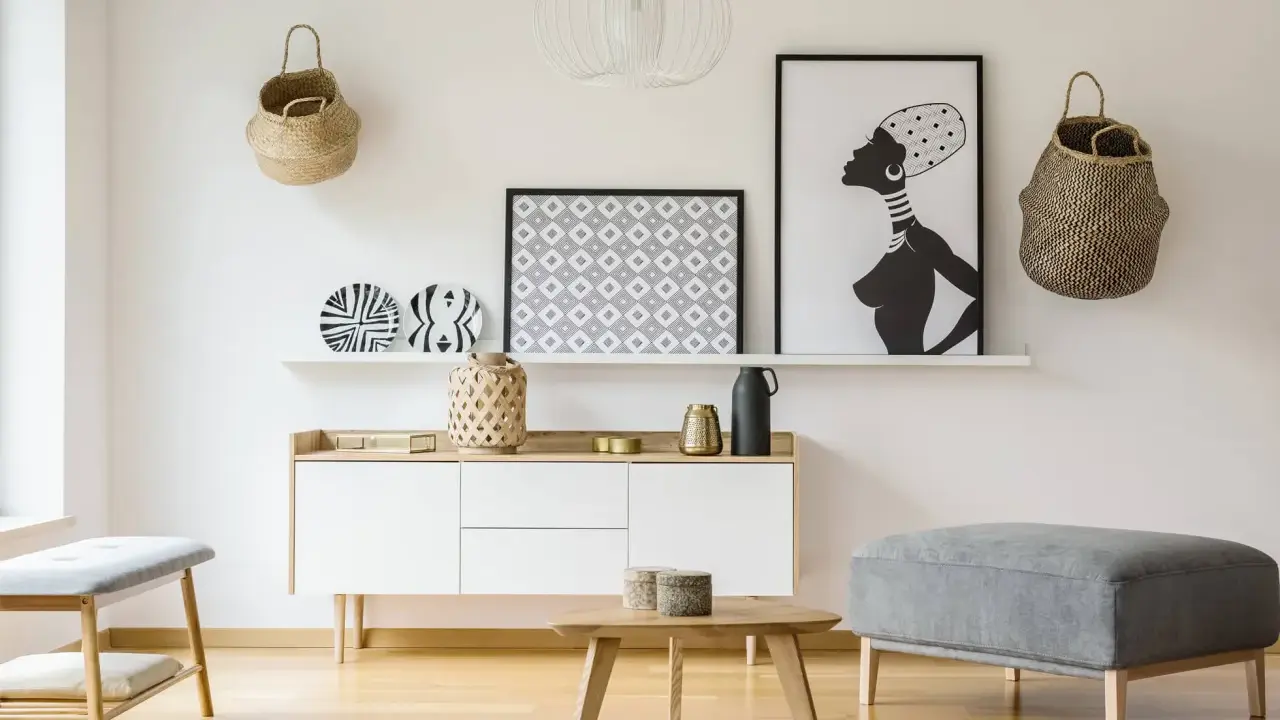 Un mueble blanco resalta sobre una pared clara, complementado con cestas de mimbre y arte africano. El color de pared para muebles blancos es neutro y elegante.