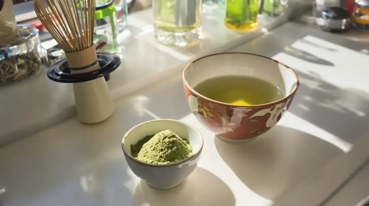 Zwei Schalen auf einem Tisch: eine mit grünem Pulver, die andere mit aufgebrühtem Sencha Tee. Die Wirkung von Sencha Tee ist belebend.