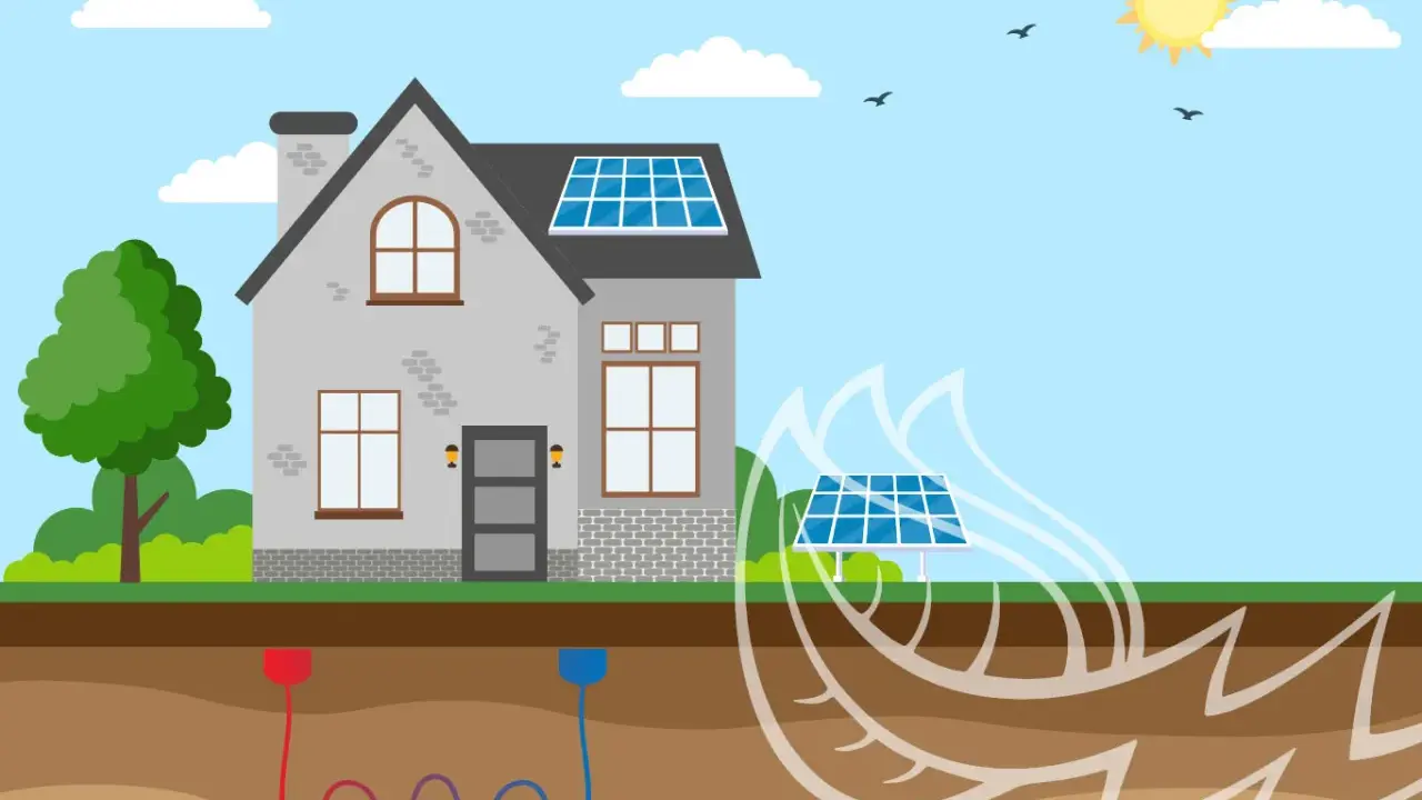Ilustración de una casa con paneles solares y un sistema de geotermia como funciona, mostrando el calor del subsuelo.