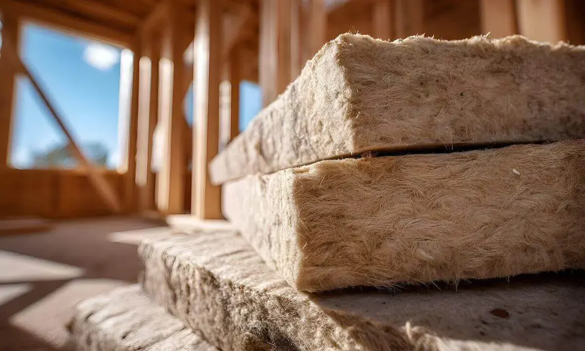 Blocs de laine de bois inflammable empilés sur un chantier de construction en bois.