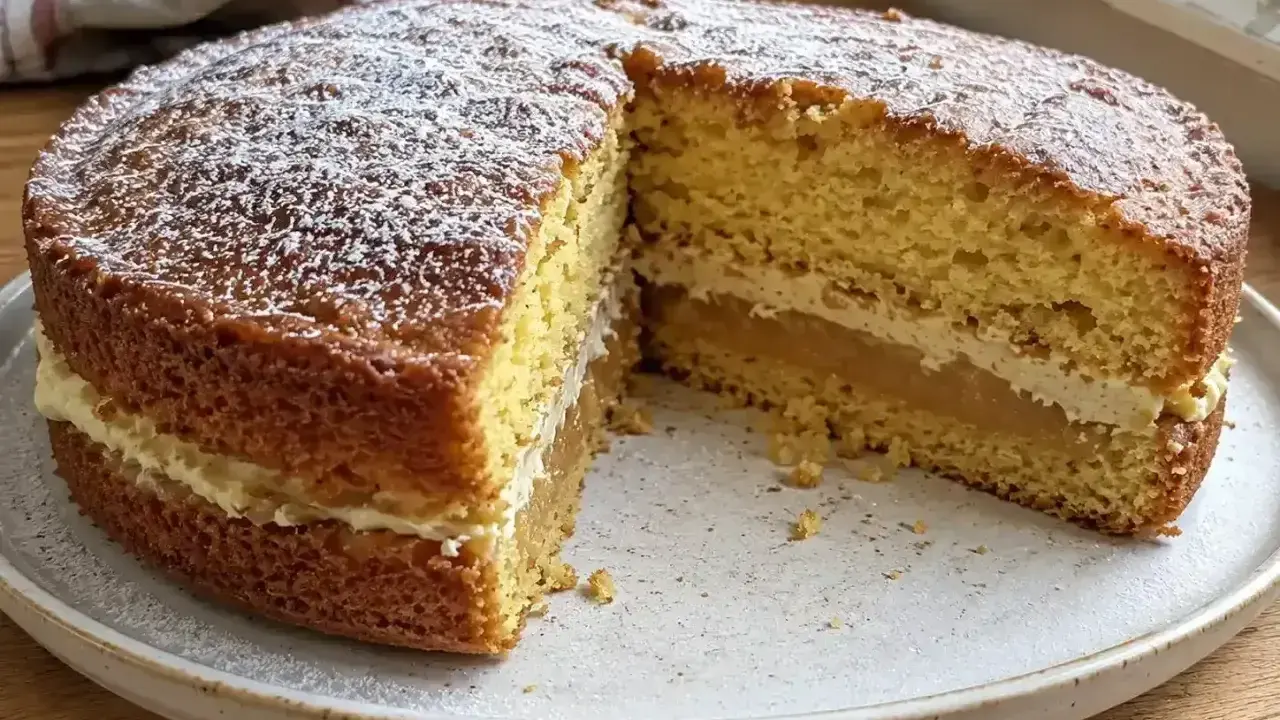 En saftig sockerkaka med fluffig grädde och äppelmos, perfekt för ett fika. Här är ett enkelt recept på sockerkaka.