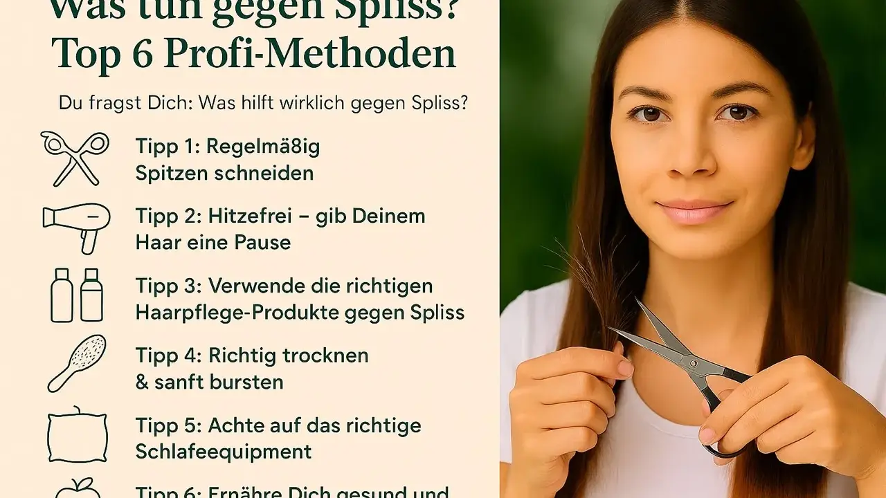 Frau schneidet sich die Spitzen, um Spliss zu bekämpfen. Tipps gegen Spliss: Spitzen schneiden, Hitzefrei, richtige Pflege, sanft trocknen, gutes Schlafequipment, gesunde Ernährung.