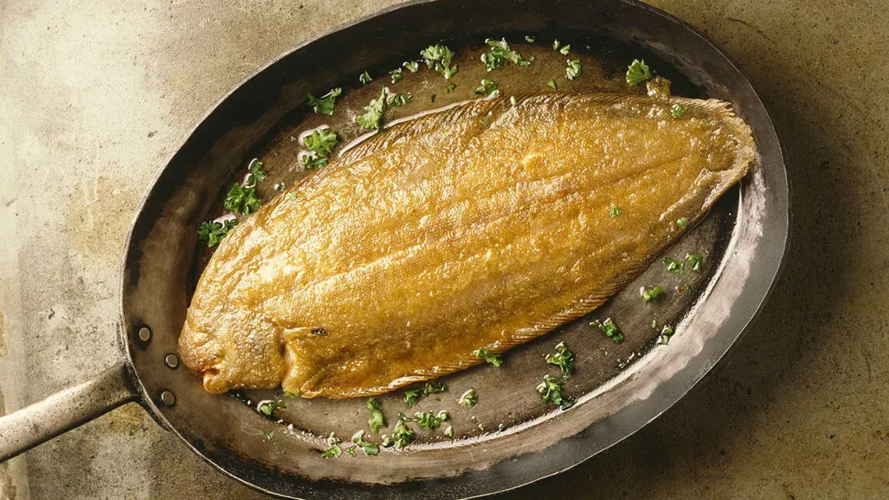 Un dorado lenguado a la meunière, recién salido de la sartén, con perejil picado.