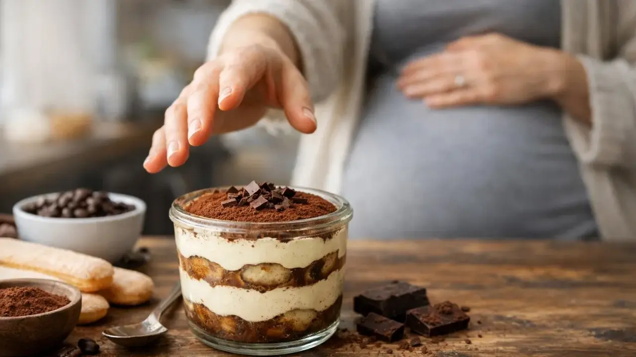 Une main effleure un tiramisu, un délice pour une femme enceinte. Le dessert, garni de cacao et de chocolat, promet un moment gourmand.