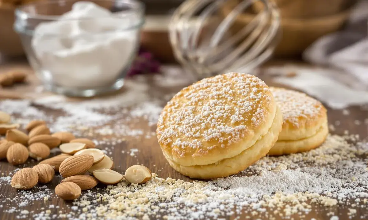 Deux biscuits pour entremet, saupoudrés de sucre glace, reposent sur un lit d'amandes concassées et entières.