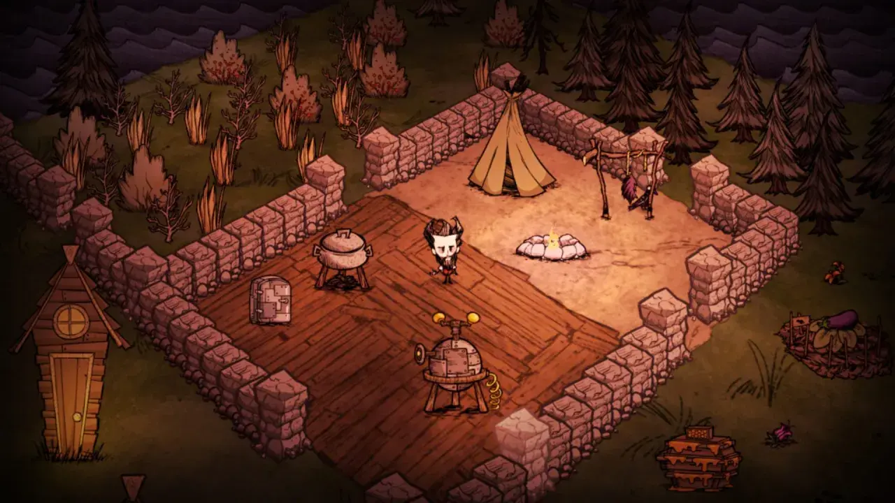 Postać w stylu gry survivalowej, otoczona kamiennym murem, z namiotem i ogniskiem. Idealne dla fanów gier podobnych do Don't Starve.