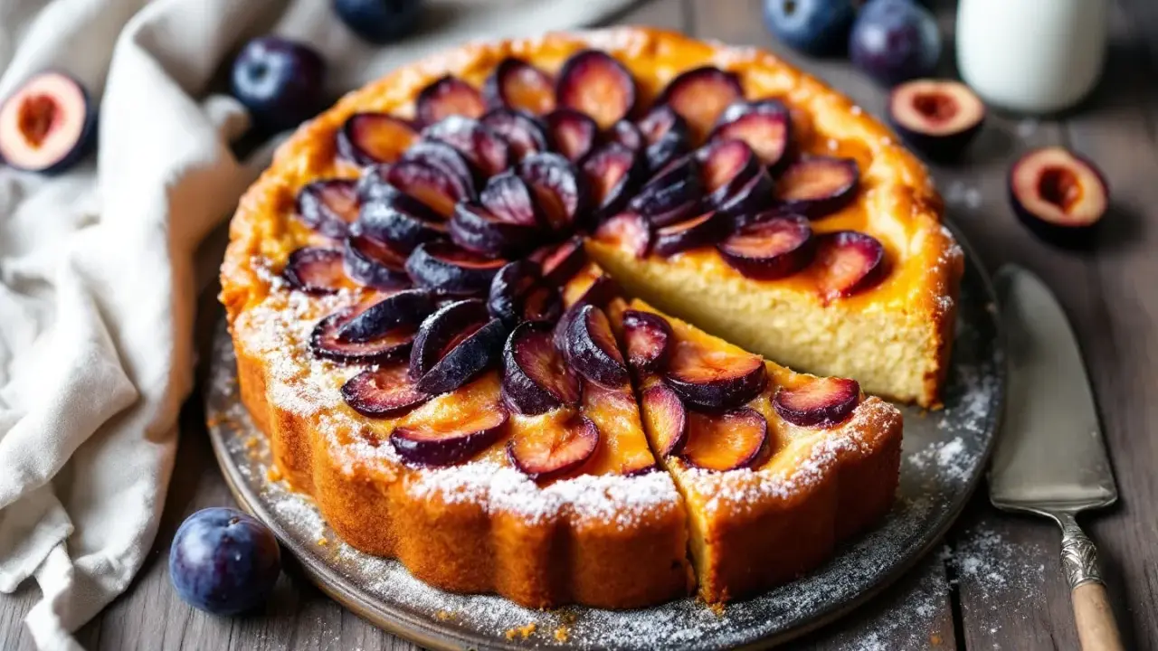Gâteau aux prunes, saupoudré de sucre glace, avec des prunes fraîches disposées en rosace. Une part est coupée, révélant la texture moelleuse.