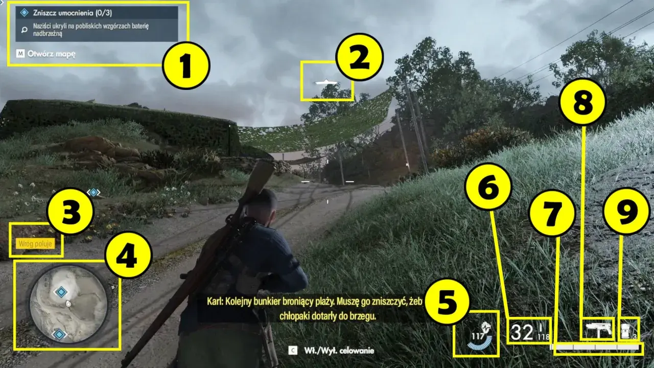 Gracz w Sniper Elite 5 niszczy umocnienia. Wskazówki na ekranie pokazują cele misji i stan amunicji, co jest kluczowe dla spełnienia wymagań gry.