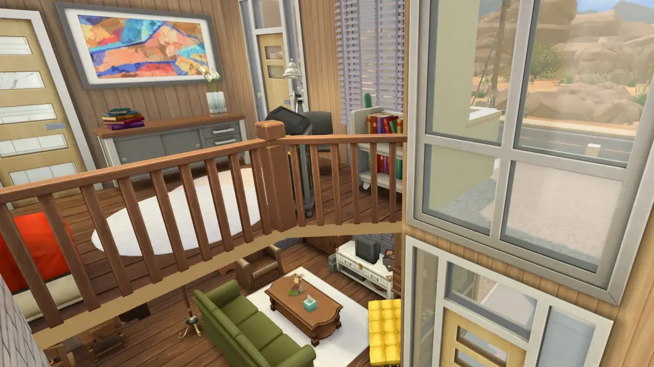 Nowoczesne meble w The Sims 4: zielona sofa, drewniany stolik kawowy i żółty puf tworzą przytulny salon.