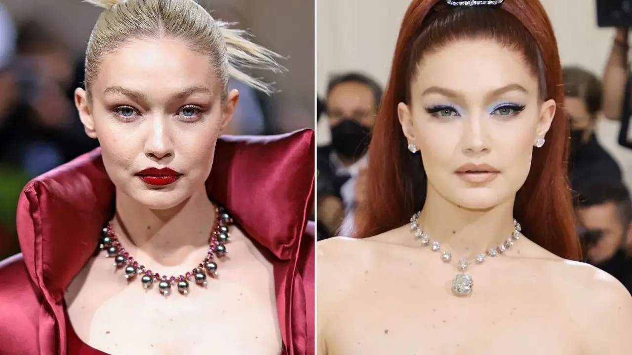 Gigi Hadid deslumbró en la Met Gala con dos looks icónicos: uno rojo vibrante y otro con un collar de diamantes.