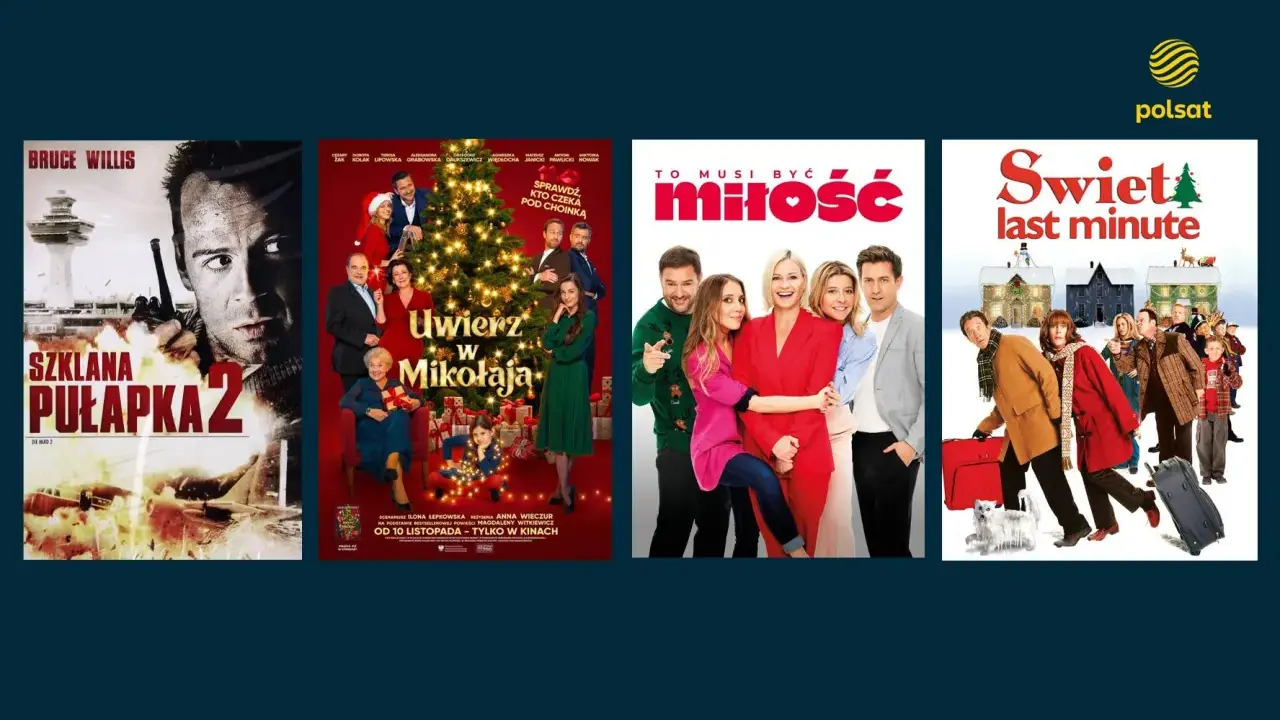 Plakaty filmowe: "Szklana pułapka 2", "Uwierz w Mikołaja", "To musi być miłość" i "Święta last minute" - idealne na najlepsze filmy świąteczne.