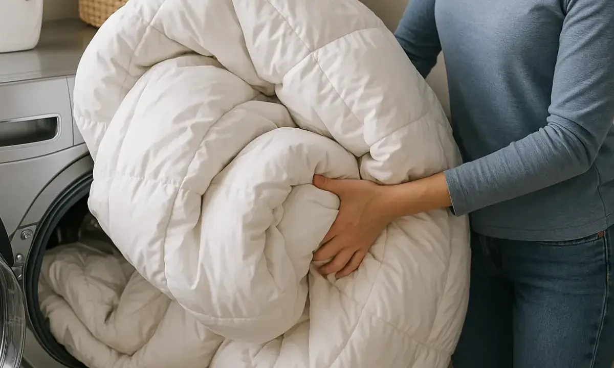Persona saca una colcha de plumas de la lavadora. ¡Qué decepción, la almohada de plumas huele mal después de lavarla!